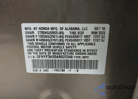 2010 Honda Pilot Lx z USA, uszkodzony, nr VIN 5FNYF3H20AB022348
